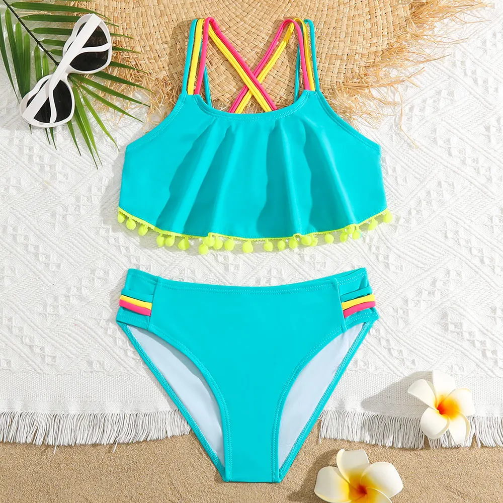 

5-12 Years Girl Bikini Swimsuit Kids Ruffle Flounce Two Piece Children's Swimwear Criss Cross Back Bathing Suit Summer Beachwear