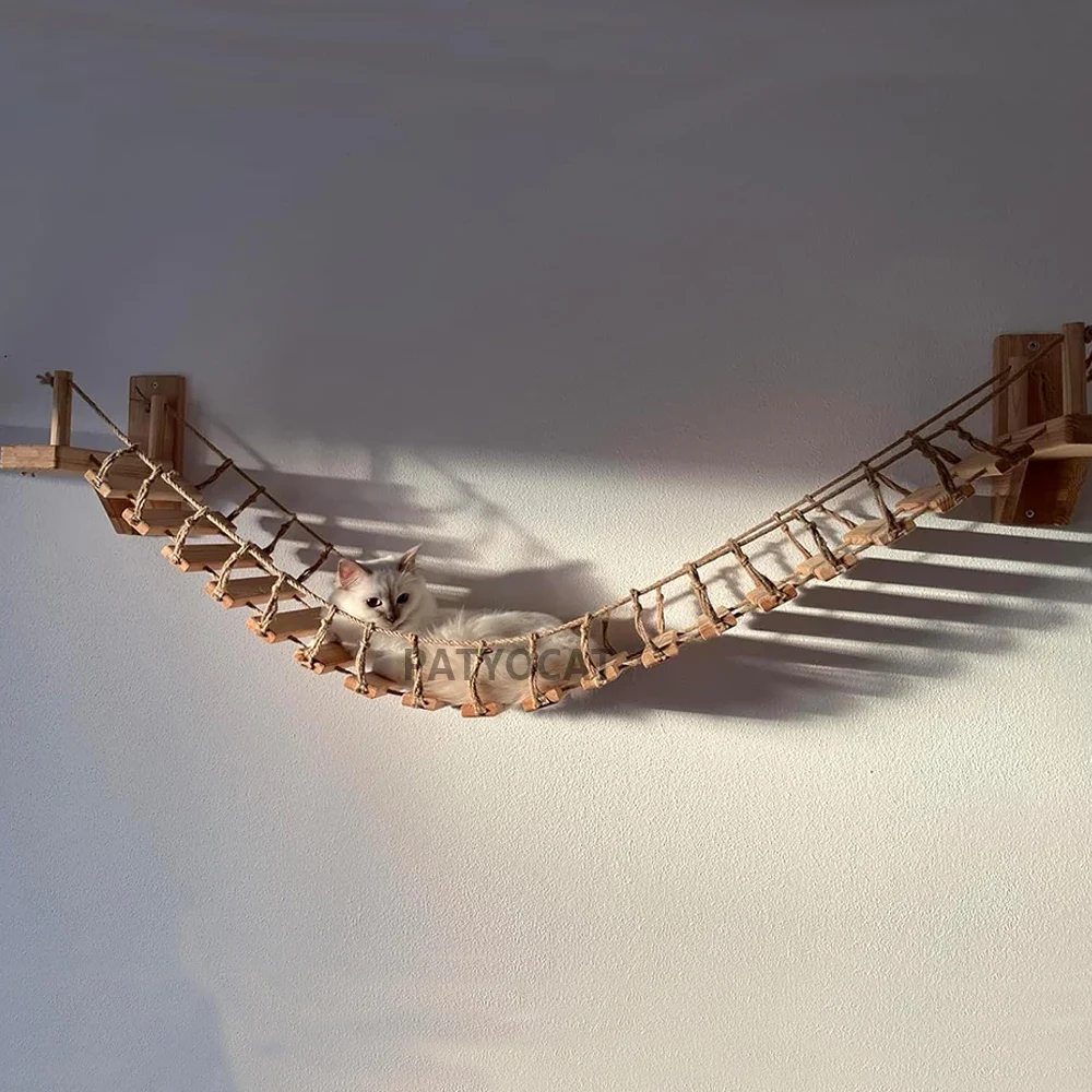 고양이 나무 벽걸이 형 등산 선반 고양이 농어 잠자는 애완 동물 실내 놀이터를위한 사다리와 고양이 다리가있는 나무 해먹