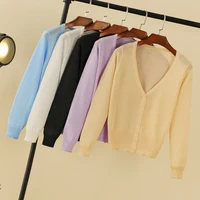 Summer Cardigan Women Cropped Korean Fashion Style Female Black Women's Coat Clothing V-neck Ladies Sweater Outerwear Cute Basic - Image 2