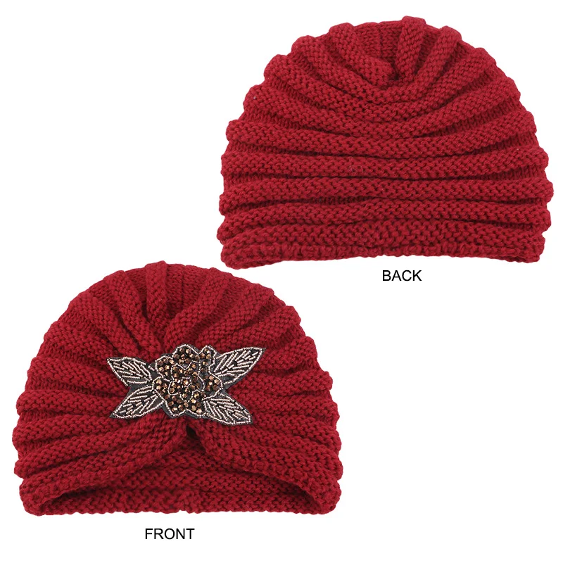 New Women Winter beaded flower knit Hat Autumn Winter Warm Turban Turban Hats Elastic Bonnet Headwrap Bandana Hair Accessories 2
