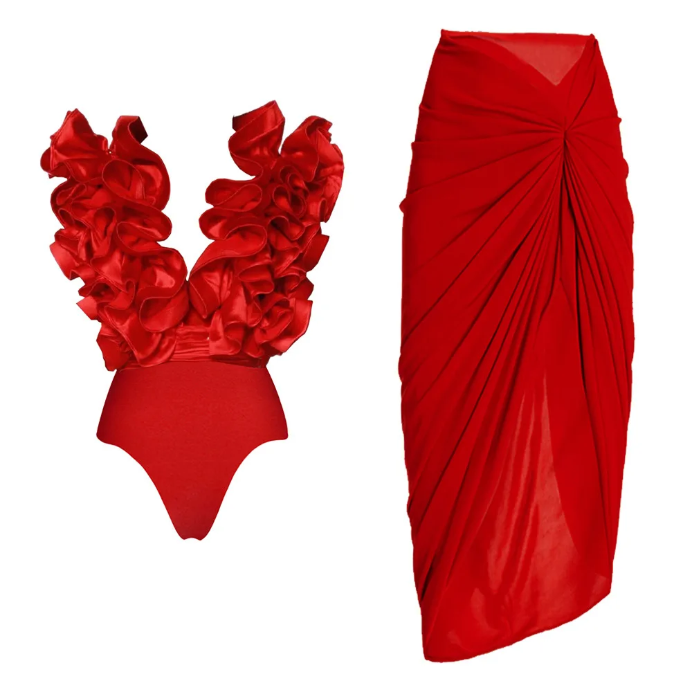 2024 Swimsuit Women's Lace V-neck Irregular Skirt Swimsuit Set Summer Fashion New Ladies Sexy Ruffle Swimming Sets Hawaii