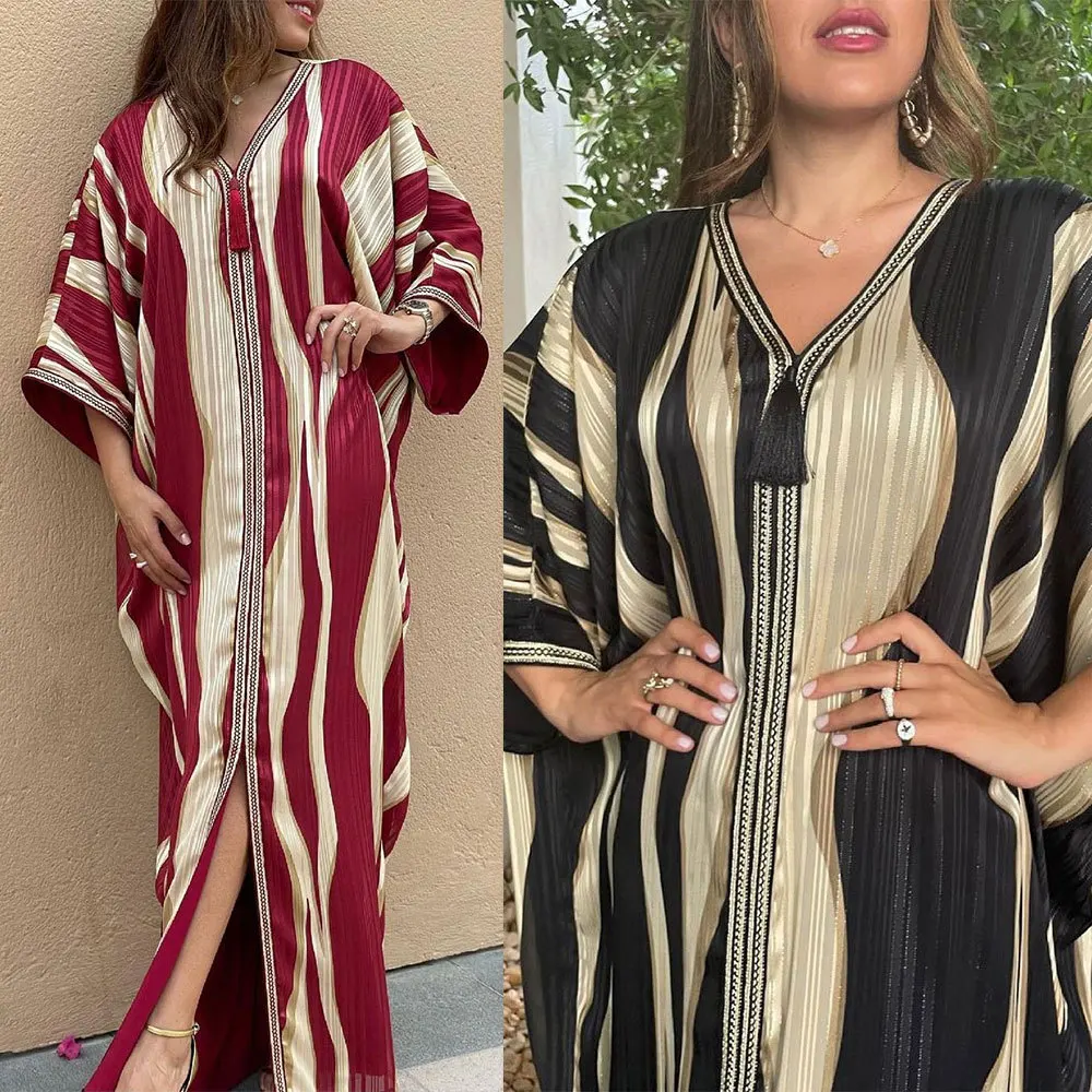 

Spring and autumn striped bat sleeve Muslim fashion Arab robe tassel new abayas for women morrocan kaftan dress long dresses