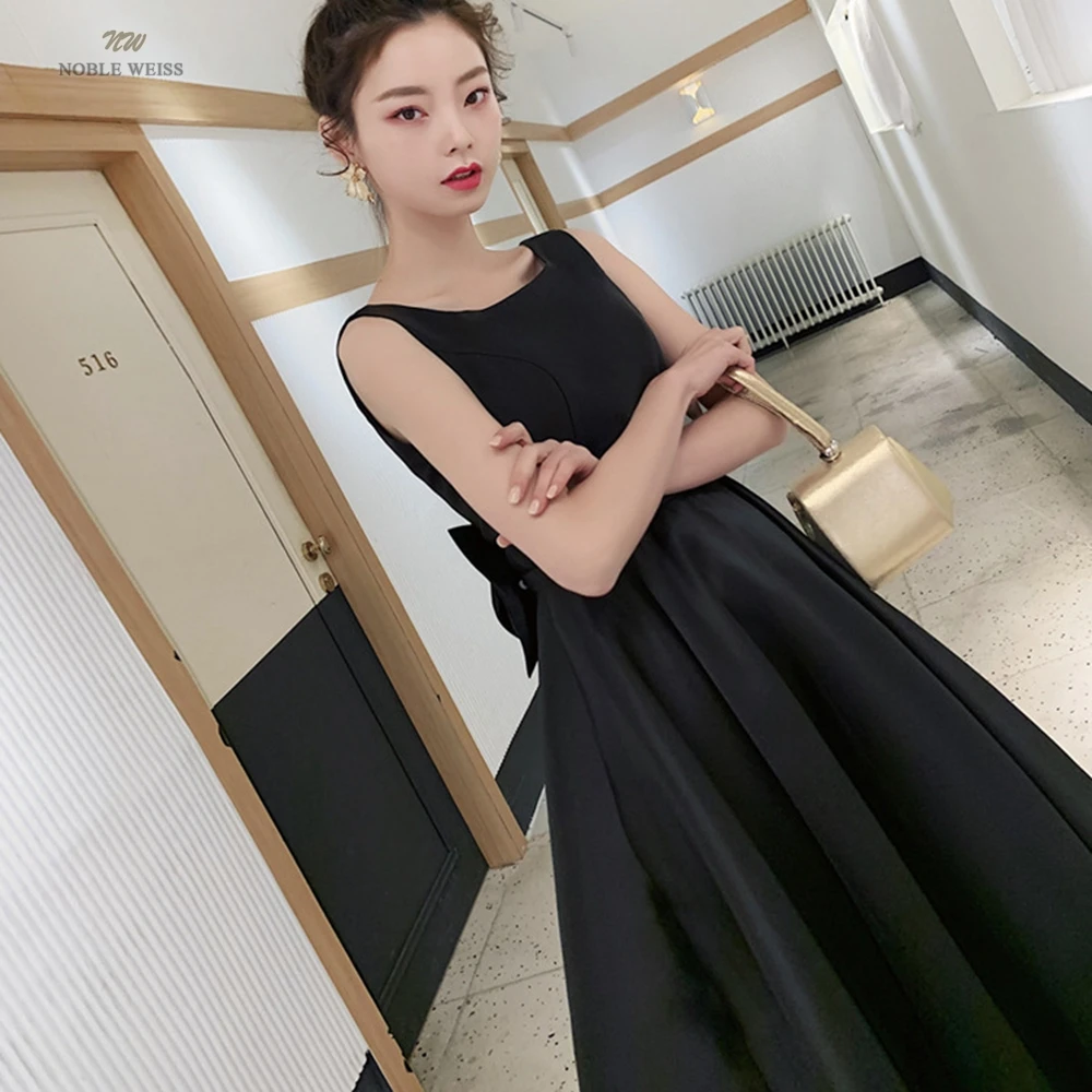 Prom Dress O-Neck Tea-Length Dresses Woman Party Night A-LINE Bow SATIN Evening Dresses