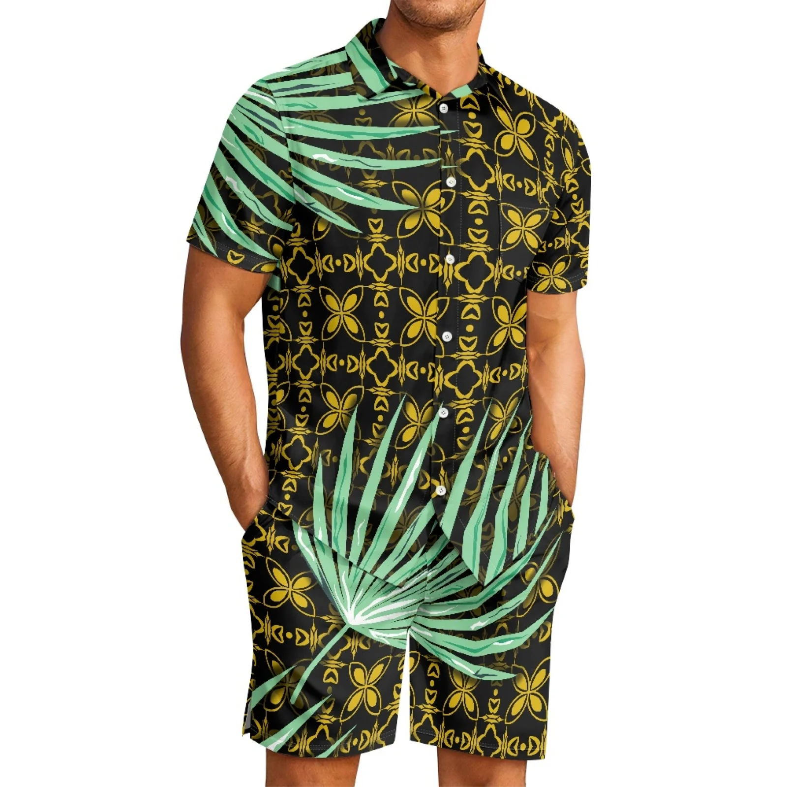 

Polynesian Tribal Pohnpei Totem Tattoo Prints Men Comfortable Button-Up Shirt Polyester Fabrics Green Leaf Short Sleeve Suit