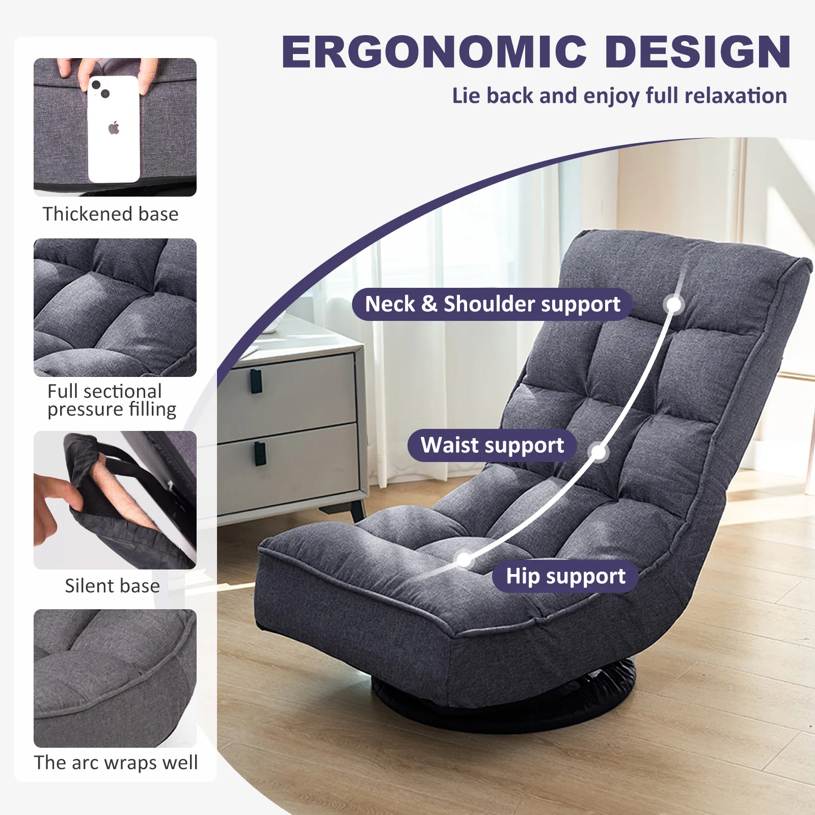Recliner Chair,Comfy Swivel Chair for Living Room,Adjustable Foam Floor Chair