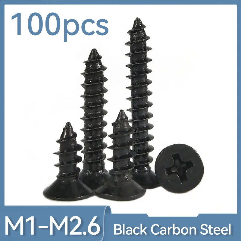 100pcs M1.2-M2.5 Black Carbon Steel Cross Flat Countersunk Head Mini Self Tapping Screw self tapping screw kit self tapping screw tapping screws