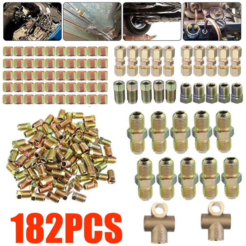 182Pcs Brake Hose Line Pipe Connectors Nuts Union Fittings Screw Male Female Kits 2 3 Way 10mm x 1mm 3/8" 7/16" Metric Nuts