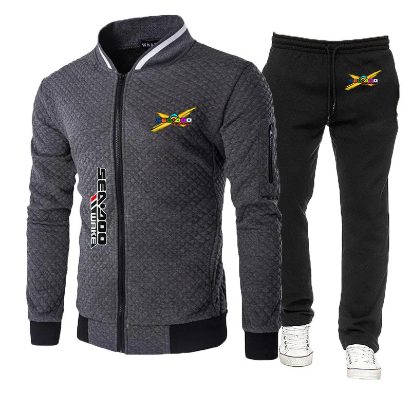 2023 Spring Autumn Sea Doo Seadoo Moto Logo Print Stripe Round Neck Sweatshirts Zip Jacket+Sports Fashion Trousers Slim Fit Sets