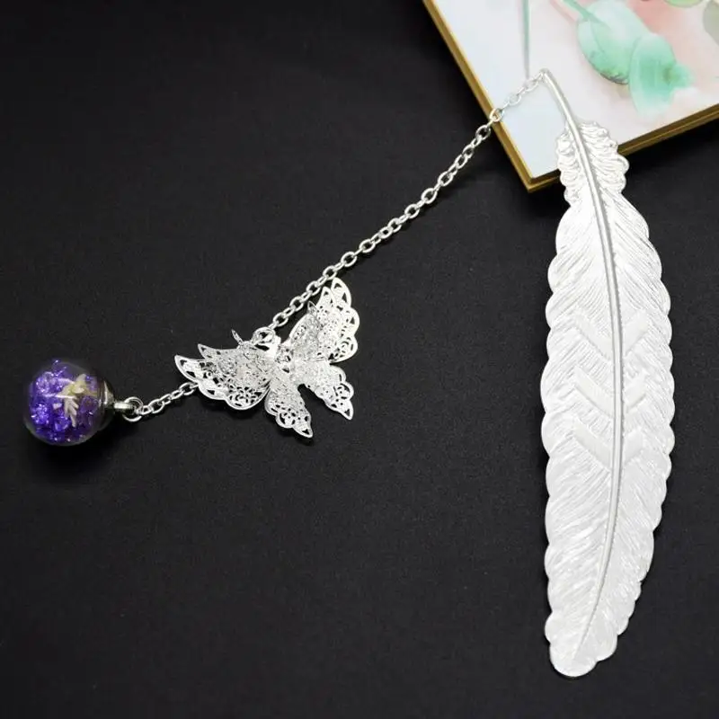 Retro Bookmark Feather Butterfly Creative Metal Bookmarks Stationery Gift Metal Feather Bookmark In Gift Box Packaging