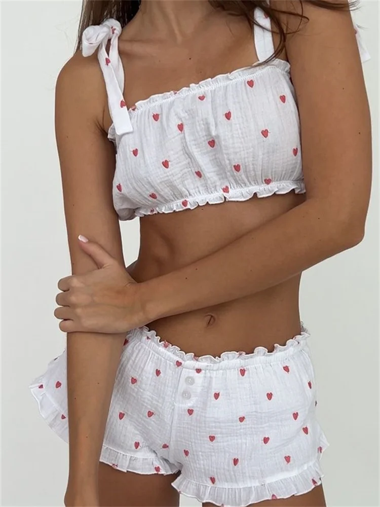 

hirigin Women Summer Pajama Sets Heart Print Tie-up Strap Camis Cropped Tops with Buttons Shorts 2 Pieces Set Streetwear 2024