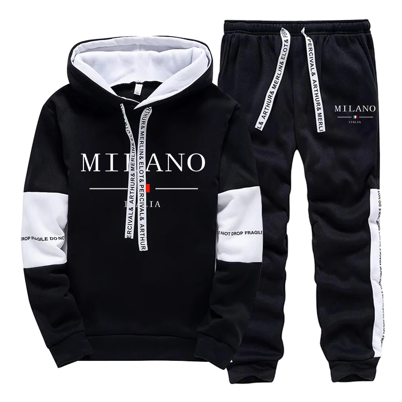 New in Men's Tracksuit Popular City Printing Casual Hooded Sweatshirts 2 Piece Set Daily Black White Clothing Men Jogging Set 4