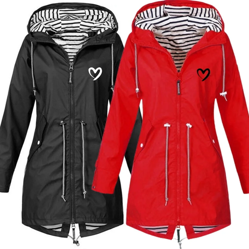 

Casual Fashion Loose Print Long Coat Long Sleeve Waterproof Windbreaker Solid Outdoor Outwear Female Zipper Hooded Jacket S-5Xl