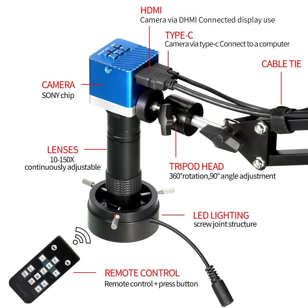 Zoom 150X Full HD Camera 4K/HDMI Port Industrial Microscope
