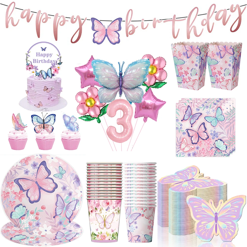 Butterfly-Themed Birthday Party Supplies Set - Banner, Paper Plates, Cups, Napkin, Cake Topper