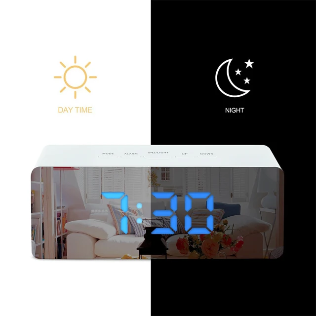 Reloj despertador con espejo LED para decoración del hogar, dispositivo Digital de escritorio con función de repetición, pantalla de temperatura, electrónico, de mesa 2