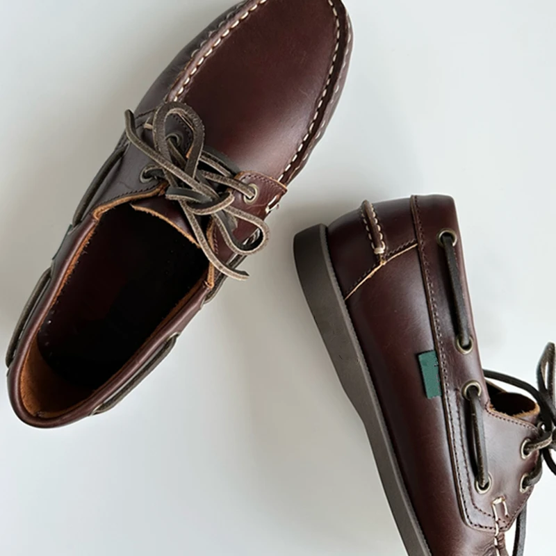 Dave&Di French Lazy Minimalist Oil Wax Cowhide Handmade Loafers Flat Shoes, Vintage Sailor Mocasin Shoes Men's Shoes 6