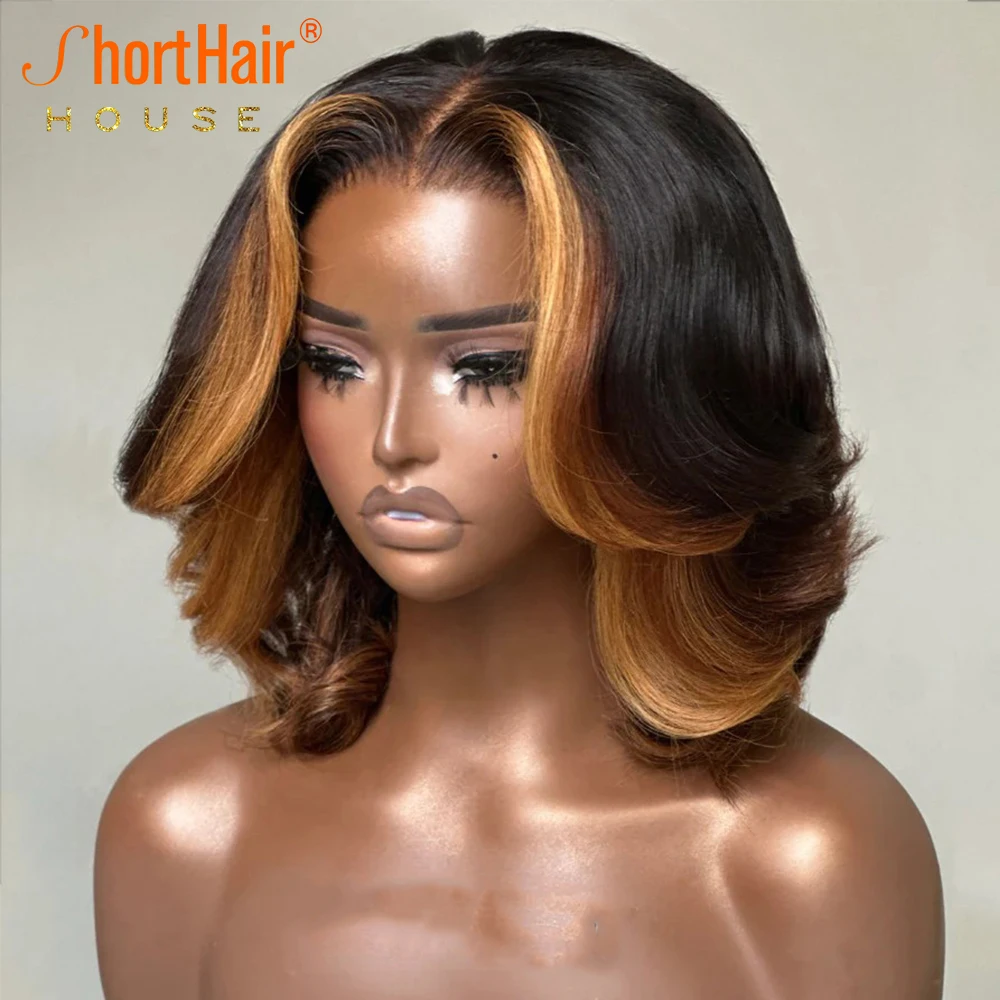 Glueless Wigs Human Hair Highlight Blonde Lace Closure Wavy Human Hair Wigs Brazilian Layered Cut 360 Lace Bob