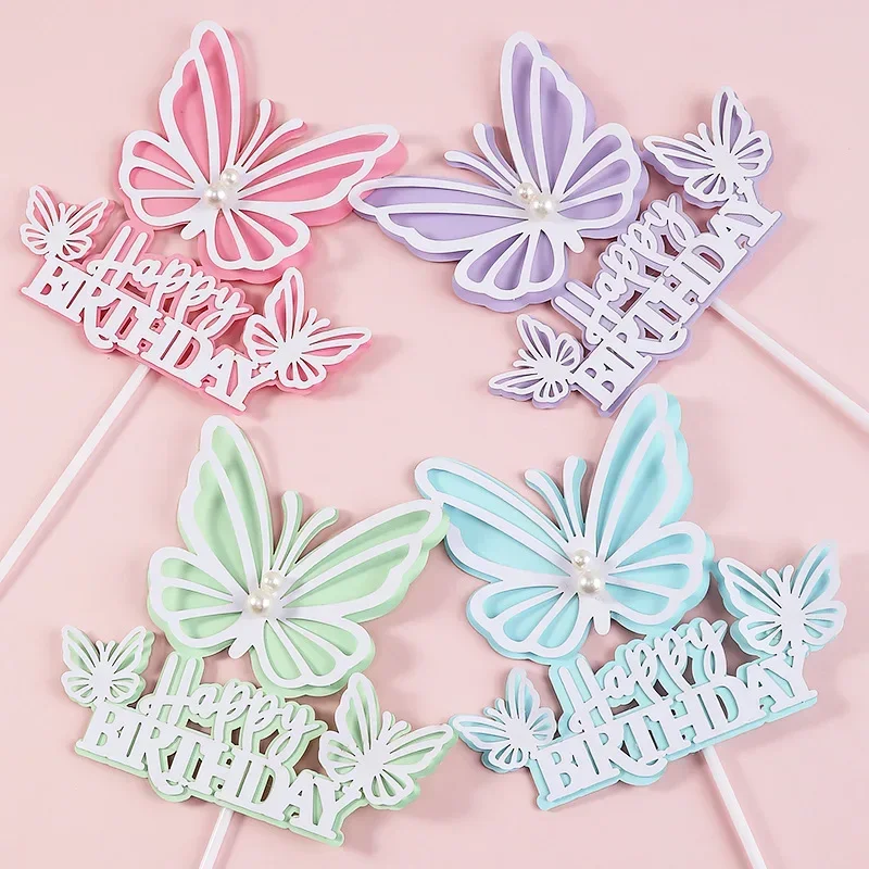 Butterfly Pearl Cake Topper Flag Happy Birthday Wedding Bride Decoration Cupcake Toppers Baking Party Baby Shower Cake Decor DIY