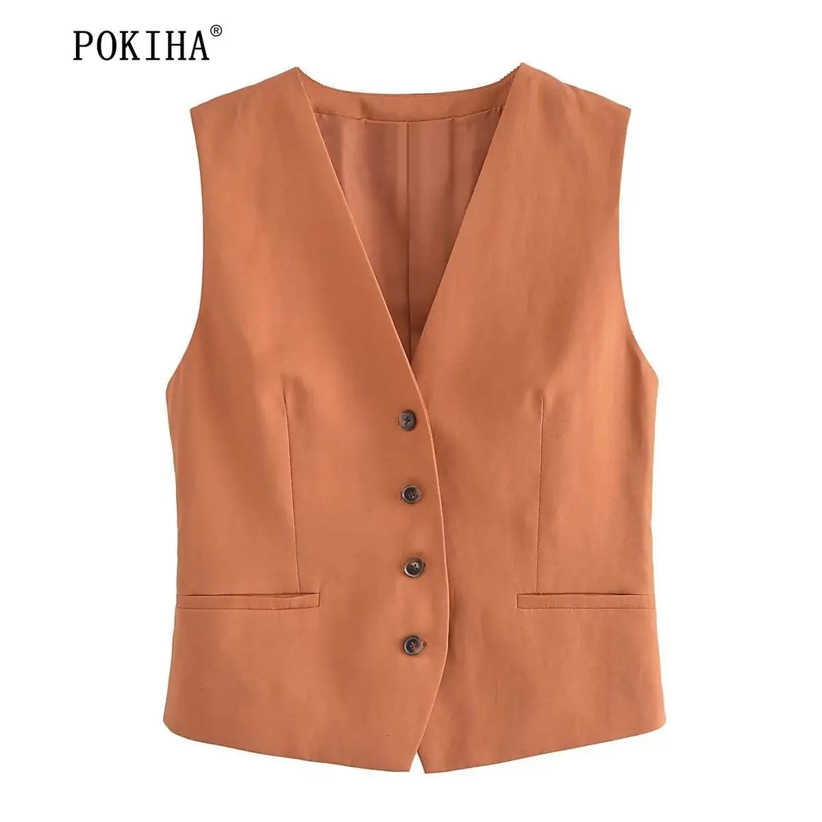 Pokiha Fashion Women Vintage Linen Front Buttons Cropped Waistcoat And Elegant Mid Waisted Midi Dress Female Chic Two_voghion.com