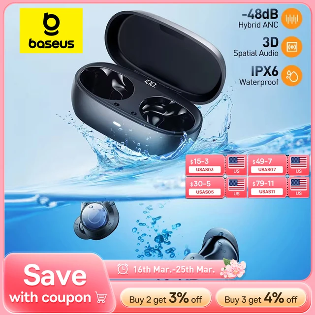 Baseus Bowie MA10 Pro ANC Wireless Earphones 48dB Hybrid ANC Bluetooth 5.3 Earbuds IPX6 Waterproof 4-Mics ENC Sports Headphones