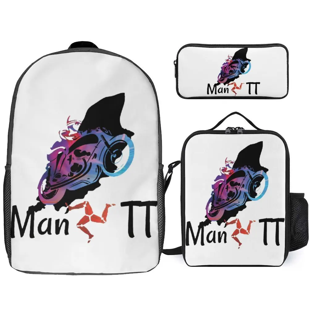 3 In 1 Set 17 Pollici Zaino Lunch Bag Pen Bag Isle Of Man Manx Tt Racer Tt Racing Lasting Zaino Cosy Picnic Vintage