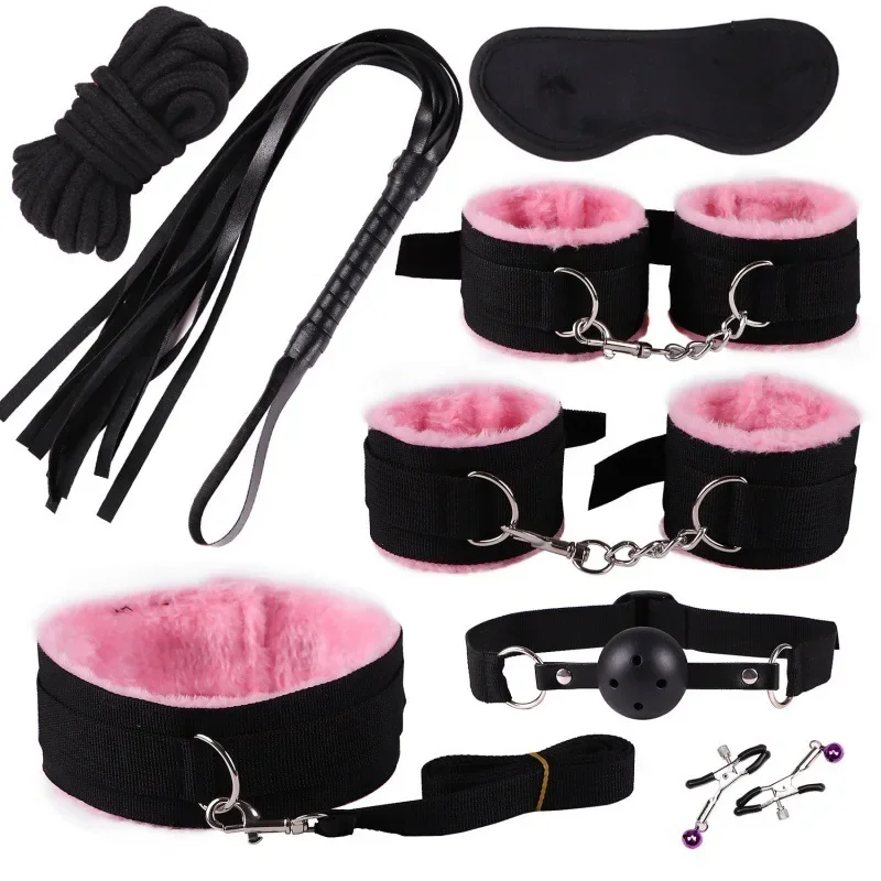 8PCS BDSM Restraint Set Female Handcuff Mouth Gag Eye Blinder Teaser Body Restraint SM Slave Cosplay Sex Toy Set Ankle Cuffs Kit