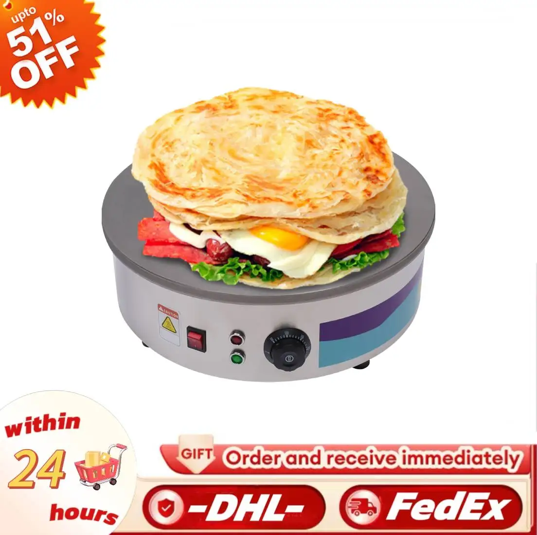 3KW Electric Crepe Maker 45cm Diameter Pancake Machine with Spreader&Spatula,50-300℃ Multifunction Baking Pan Pancake Maker