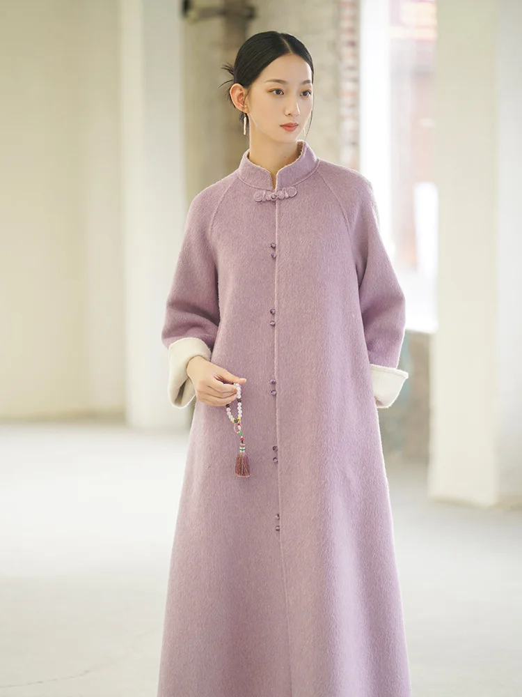 Double-Faced Woolen Goods Wool Long Coat Female Autumn and Winter Silk Blend New Chinese Style Woolen Coat