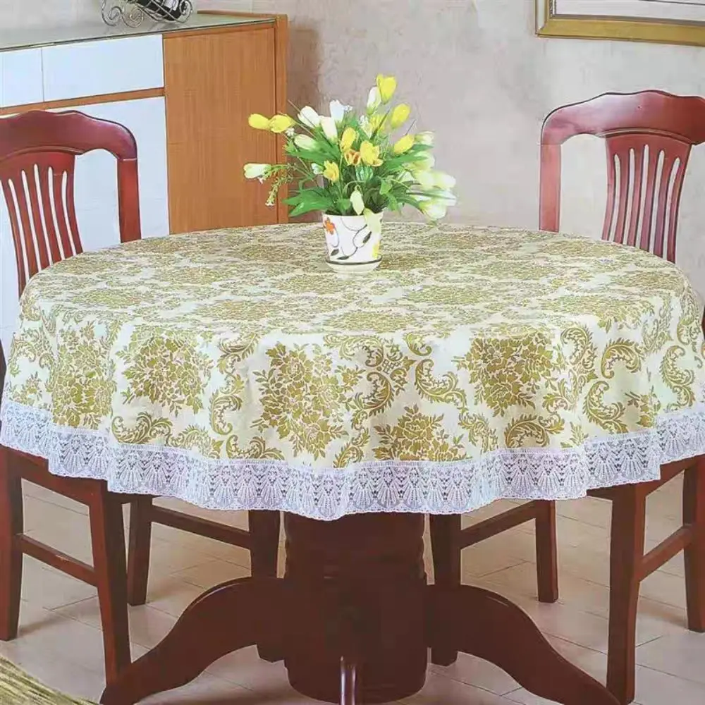 Pastoral Style PVC Tablecloth Printed Design Lace Hem Waterproof Tablecloth Flower Pattern Oil Resistant Round Table Cover