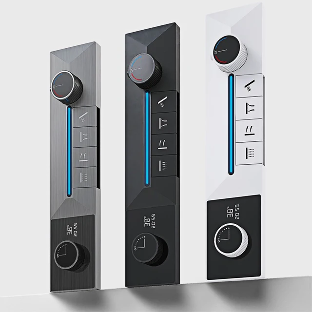 ระบบฝักบัวแบบติดเพดานสีเทากันเมทัล 4 ฟังก์ชั่น พร้อมตัวควบคุมอุณหภูมิแบบเทอร์โมสแตติกทองเหลืองในตัวและหน้าจอ LED สำหรับห้องน้ำ 3