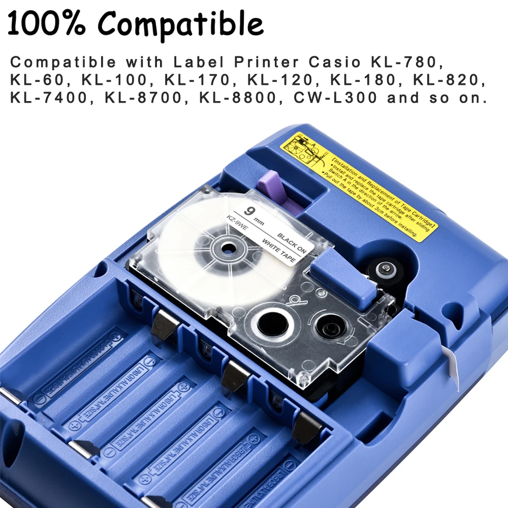 9mm Label Tape Compatible Tape Cartridge Ribbon Replacement for Casio KL-60 KL-100 KL-170 KL-120 KL-180 KL-780 KL-820 KL-7400 KL
