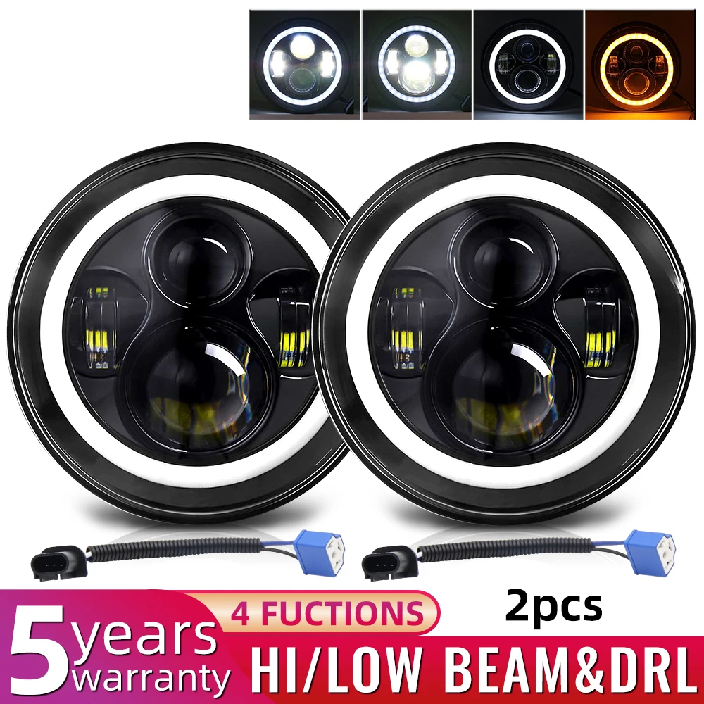 

BraveWay 7Inch LED Headlight 50W H4 Hi-Lo Beam Angel Eye DRL Driving Beam 12V 24V for Lada OffRoad 4x4 Motorcycle