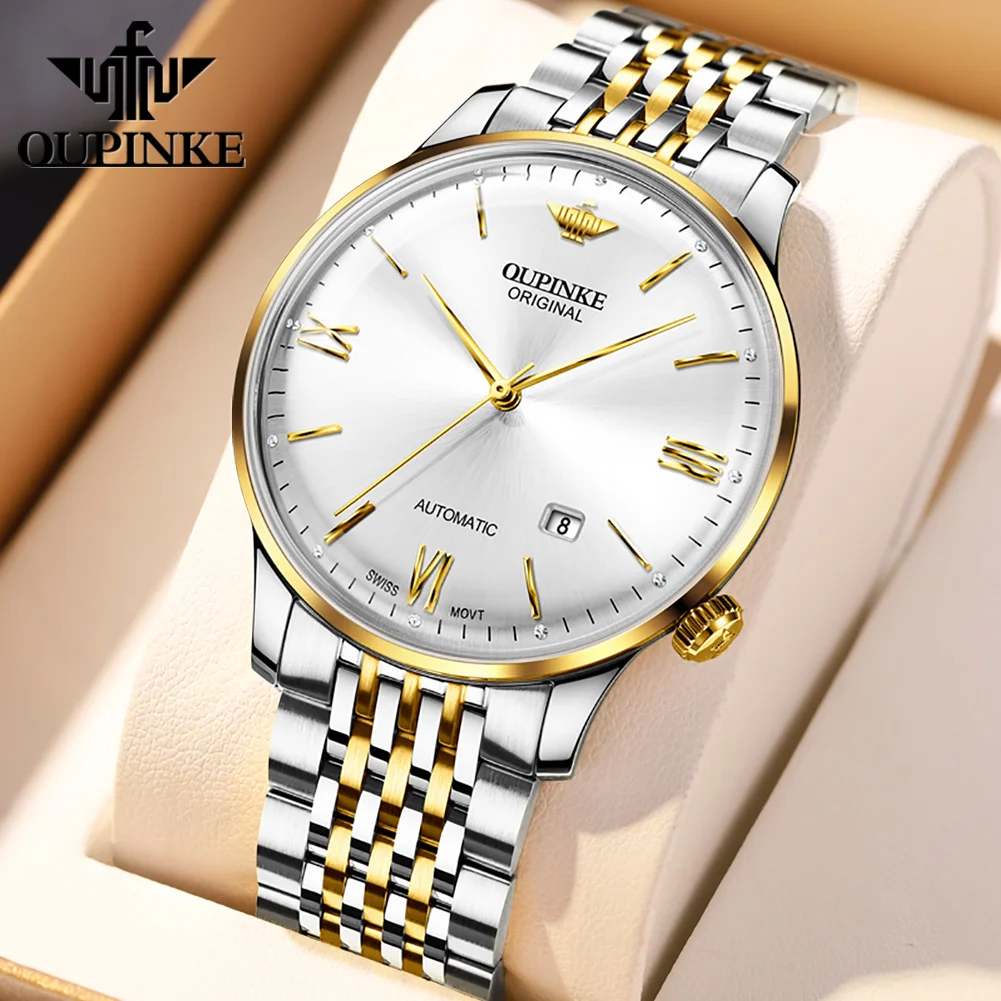 OUPINKE Ultra Thin 7.3mm Automatic Watch for Men Swiss Movement Sapphire Crystal Business Dress Wrist Watch Original Luxury