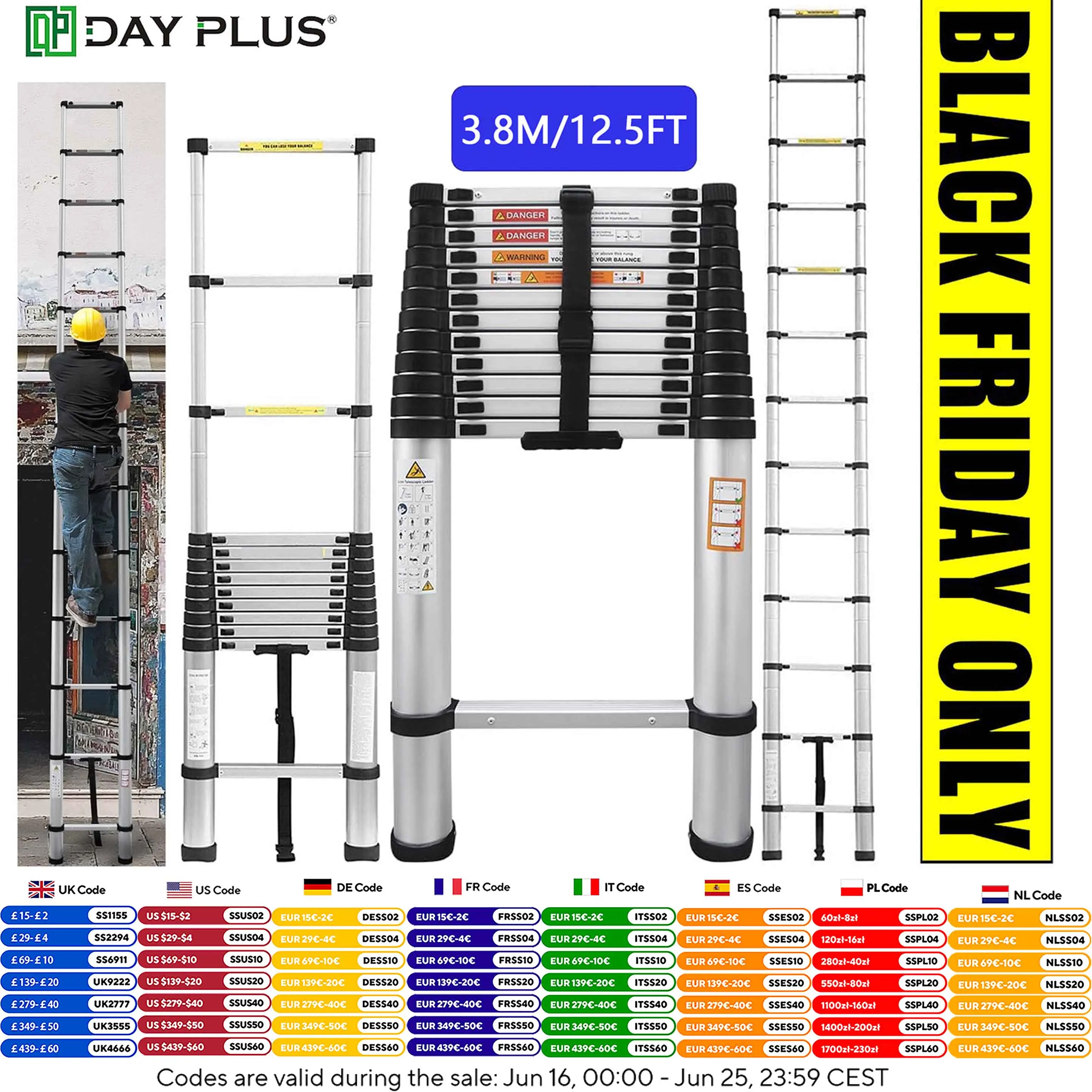 DayPlus Telescopic Ladder with Retractable Steps, Folding Aluminum Home Ladder Scaffolding, Load Capacity 150kg (3.8 m/12.5FT)