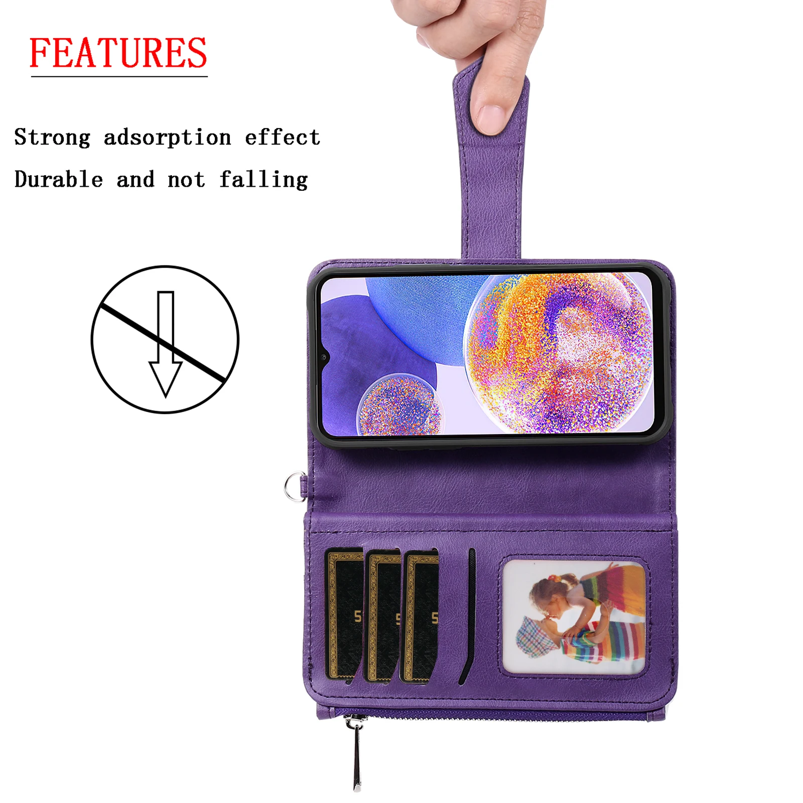 Zipper Leather Wallet with Magnetic Detachable Case and Card Slot Cover