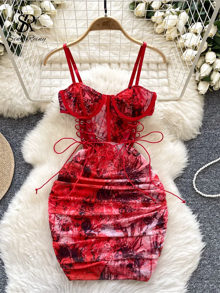 SINGREINY Women Sexy Folds Sheath Dress Sleeveless Bandage Design Slim Dresses Fashion Hollow Out Sensual Camis Club Print Dress 2