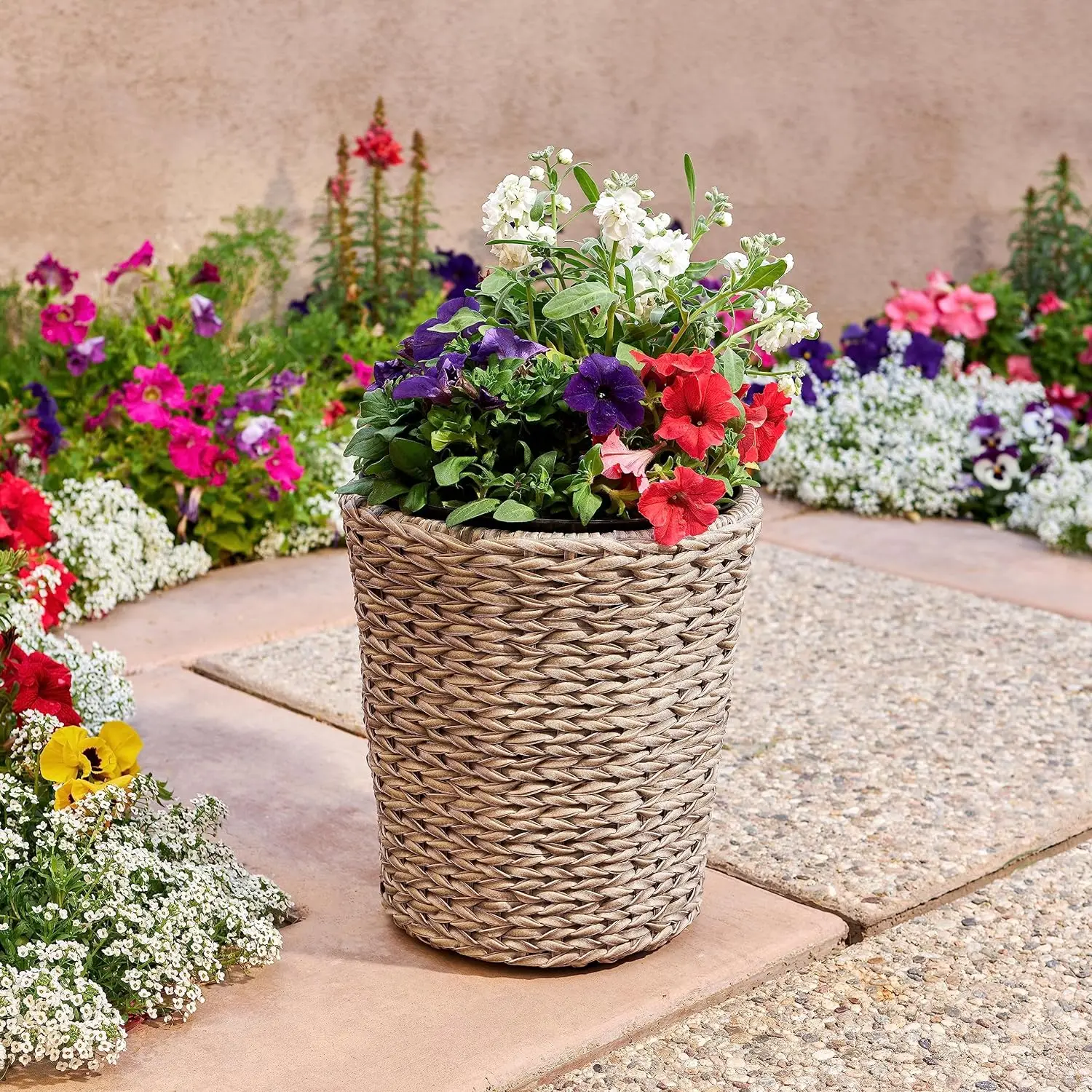 

X 12in. X 13in. Gray Resin Wicker Round Planter with Liner