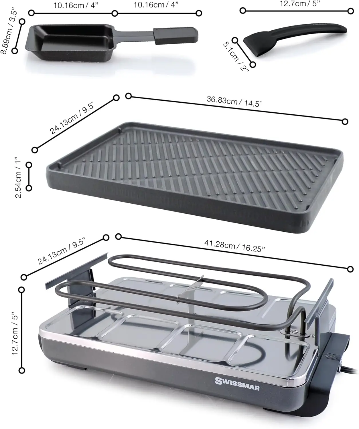 77040 Classic 8-Person Raclette with Reversible Cast Iron Grill Plate/Crepe Top, Black