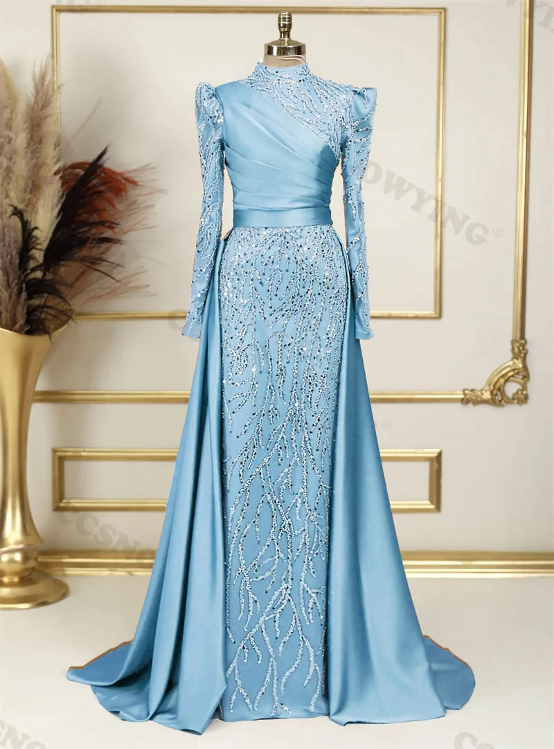 

Appliques Beaded Satin Muslim Evening Dresses Islamic Long Sleeve High Neck Formal Party Gown Arabic Dubai Hijab Robe De Soirée