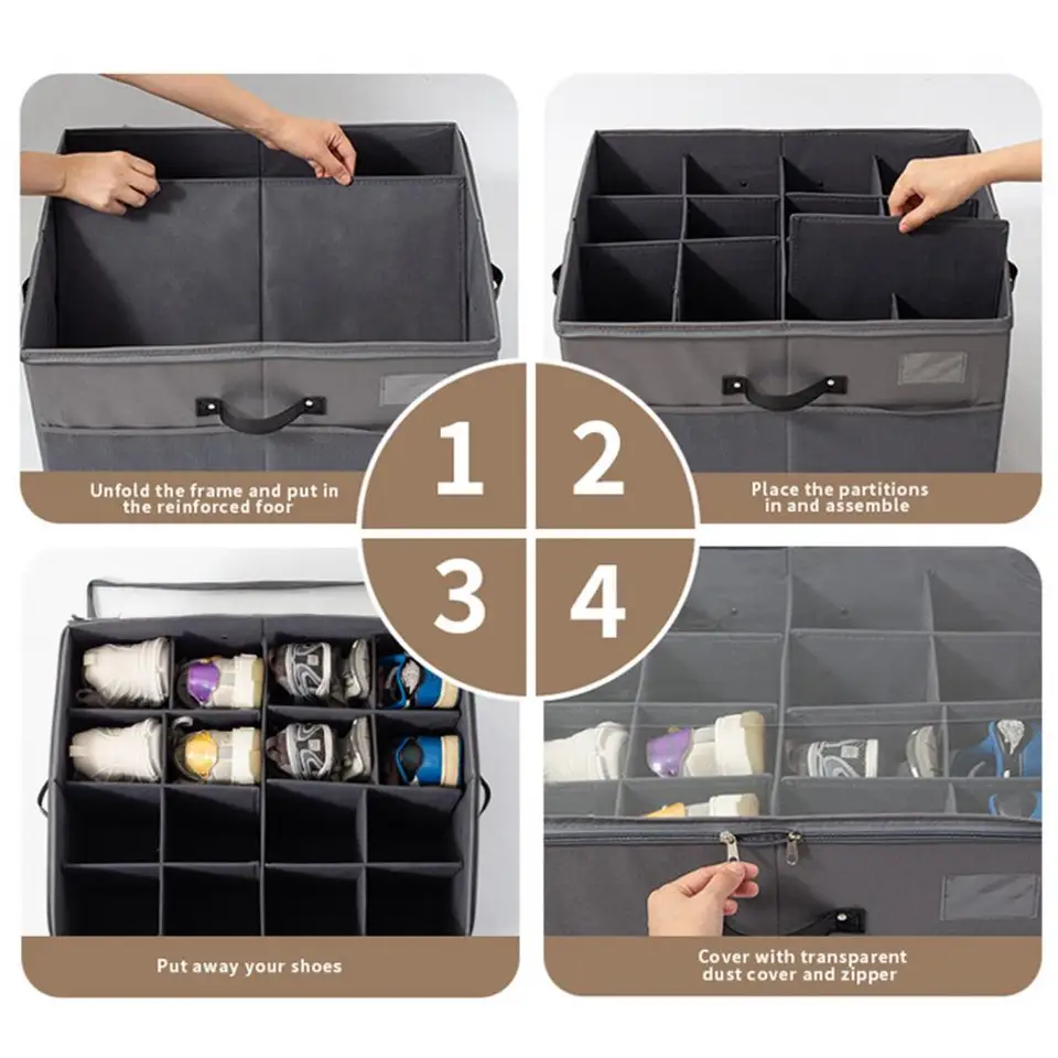 Porta Scarpe da Armadio Salvaspazio, Adatto a 16 Paia, Portascarpe da Armadio, Scatole Porta Scarpe con Coperchio Trasparente, Grande Organizer Scarpe Pieghevole (Grigio, 42cm x 42cm x 30cm