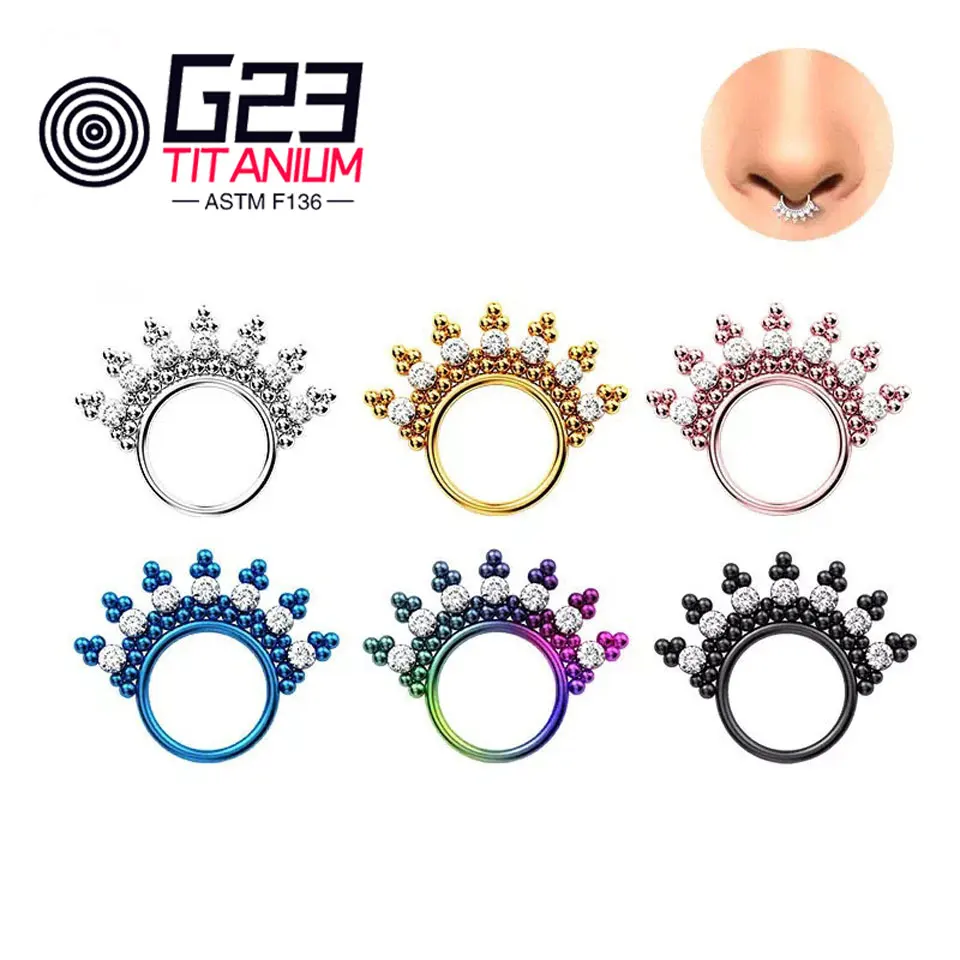 

G23 ASTM F136 Titanium Nose Piercing Ring 16G CZ Hinge Clicker Diaphragm Tragus Piercing Sexy Body Jewelry Wholesale