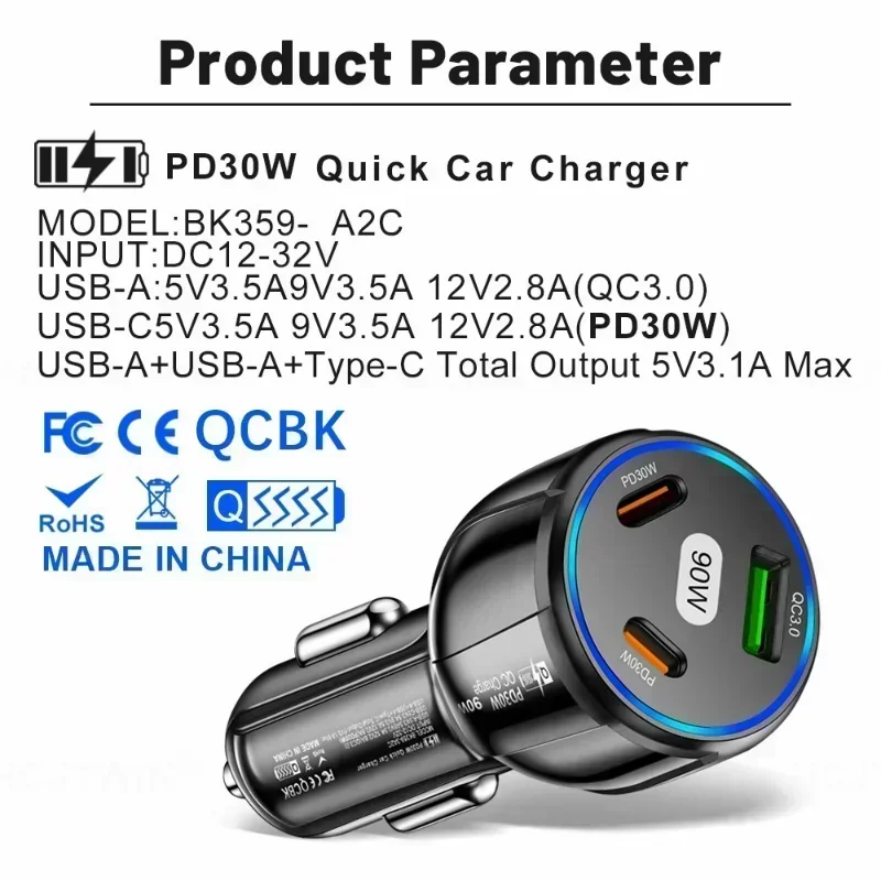 90W 3-in-1 Car Quick Charger with QC3.0 and PD USB Type-C