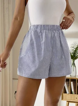 Pantaloncini in vita elastica con motivo a righe Pantaloncini larghi casual per abbigliamento da donna primavera estate 1