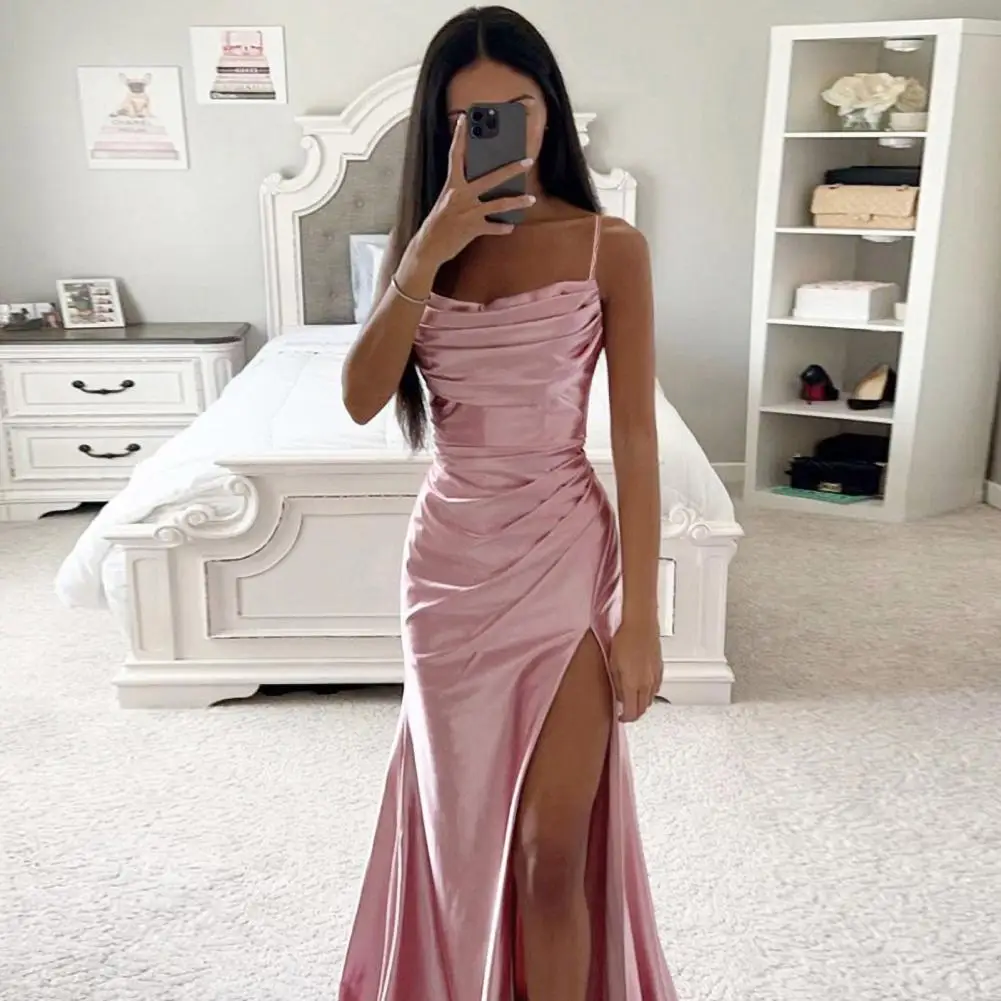 

Women's Off Shoulder Backless Dress, Satin Split, Sexy Bodycon, Ruched, Evening, Birthday Party, Strapless Maxi Dress, Summer