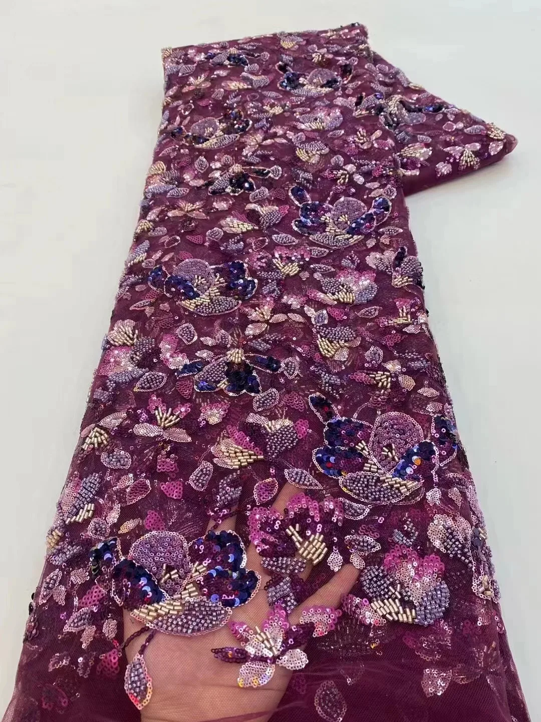 

Newest Beads Tube Sequins Embroidery Fabric Heavy Hand Beaded Fabric French Tulle Net Lace Wedding Party Lace Fabrics for Sewing