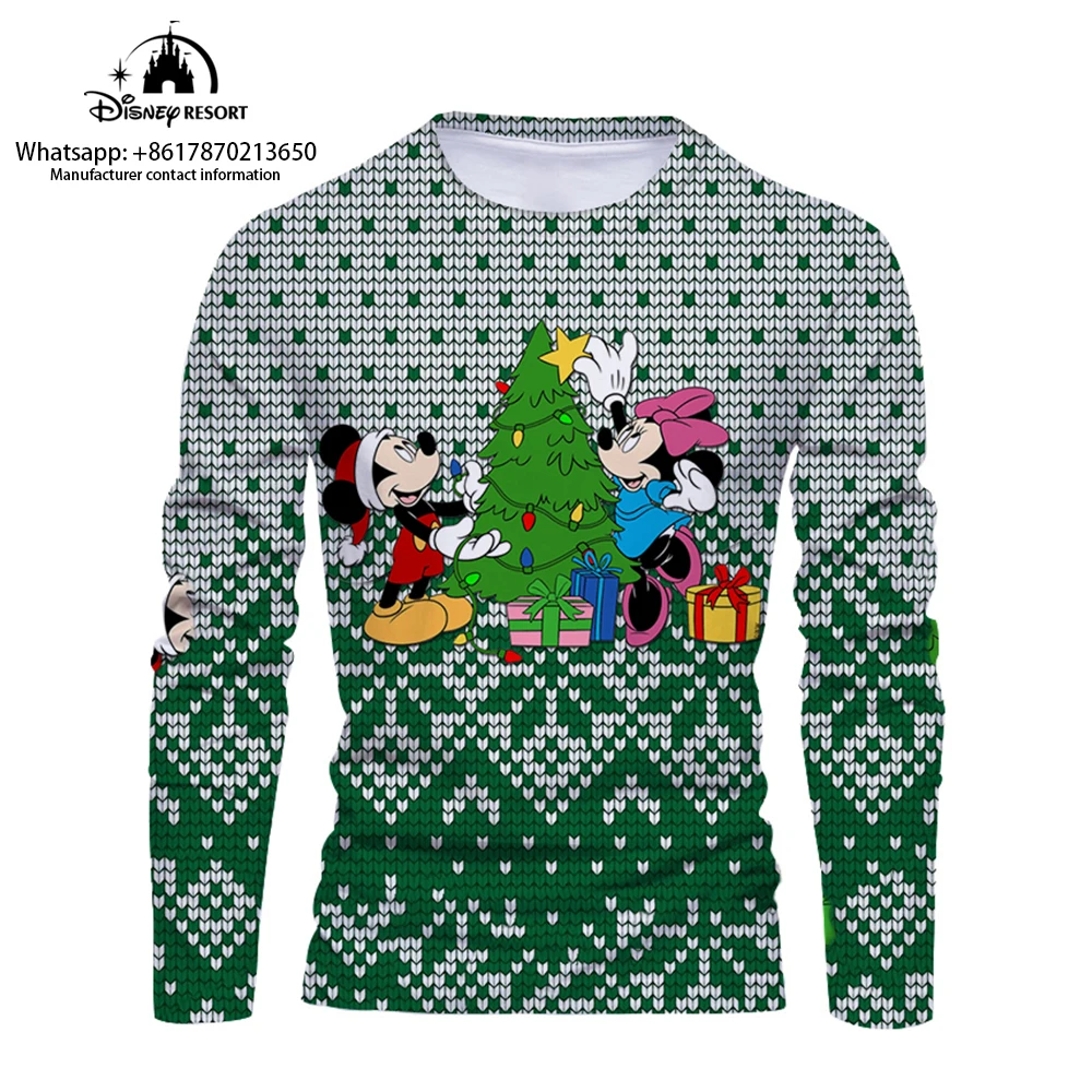 

New Mickey Minnie and Winnie the Pooh Anime Christmas Autumn Disney Brand Fashion Casual Men's Round Neck Long Sleeve T-Shirt