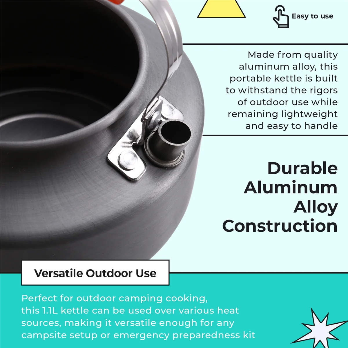 BAAU 1.1L Aluminum Alloy Outdoor Portable Quick-Heat Water Kettle for Outdoor Camping Cooking