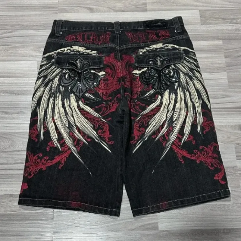 Cross hot diamond embroidery oversized denim shorts for men summer comfortable casual skateboarding