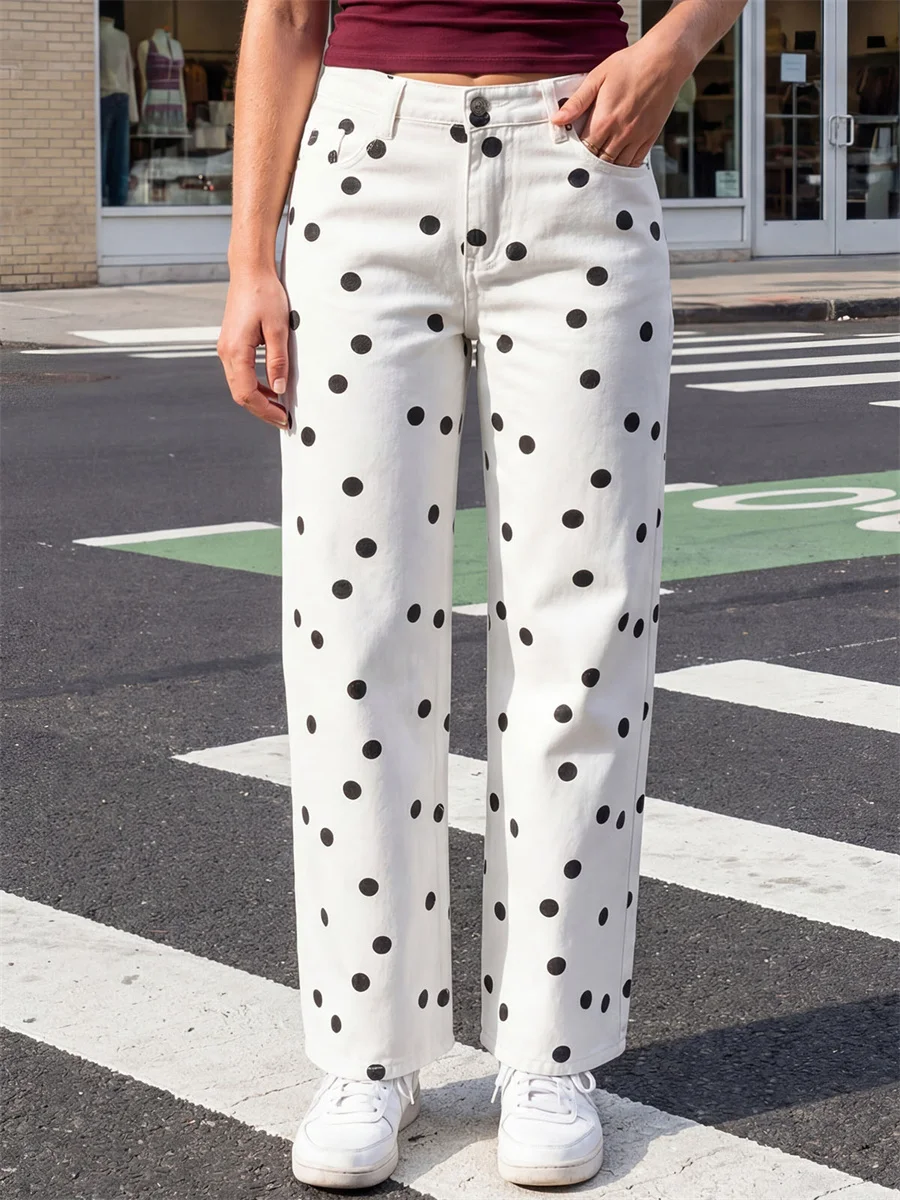 Jean ample pour femme à pois imprimés, pantalon en denim à jambe large, taille haute, style rétro, pour le travail, le bureau, le quotidien et le streetwear