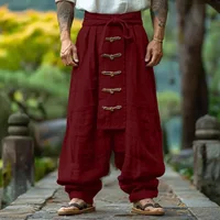 Style ethnique décontracté coton lin pantalon à jambes larges printemps été nouveaux hommes couleur unie à lacets Baggy pantalon Vintage Streetwear mâle 3